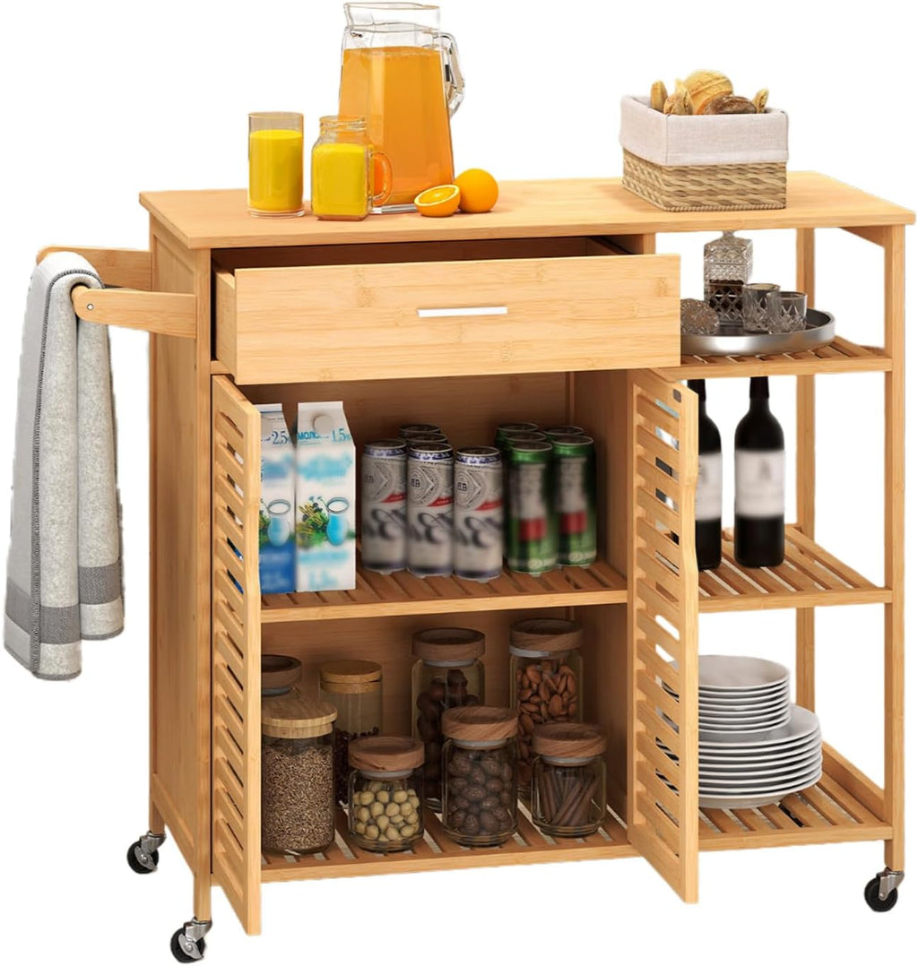 Bamboo Kitchen Island Cart with Storage, Rolling Butcher Block