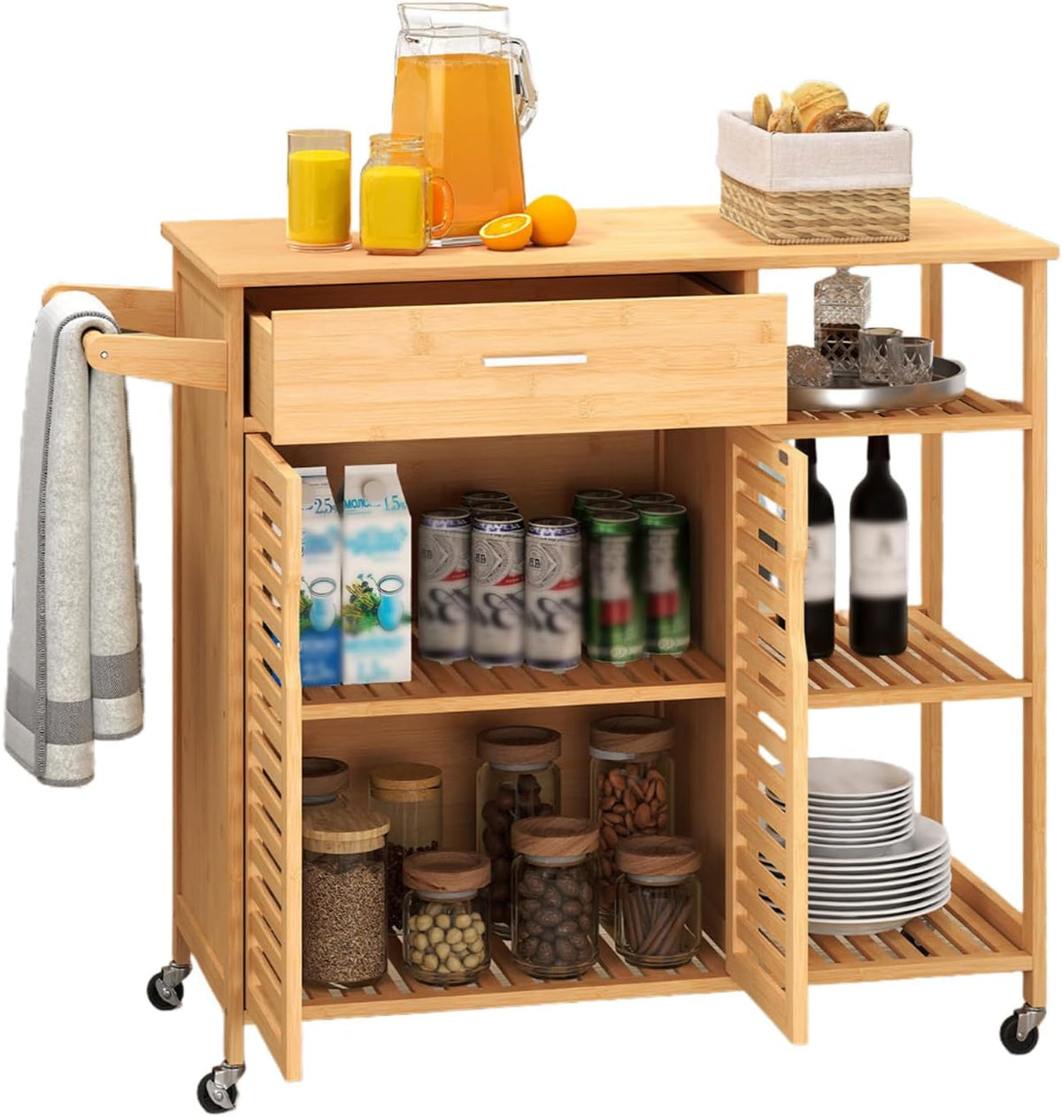 Bamboo Kitchen Island Cart with Storage, Rolling Butcher Block