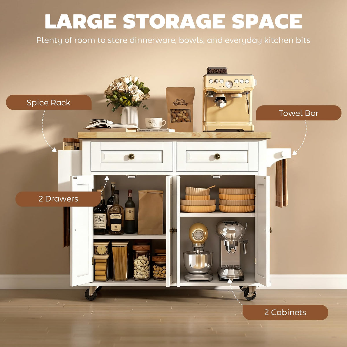 HOMCOM Kitchen Island Cart on Wheels with Solid Wood Top, 44" Cream White