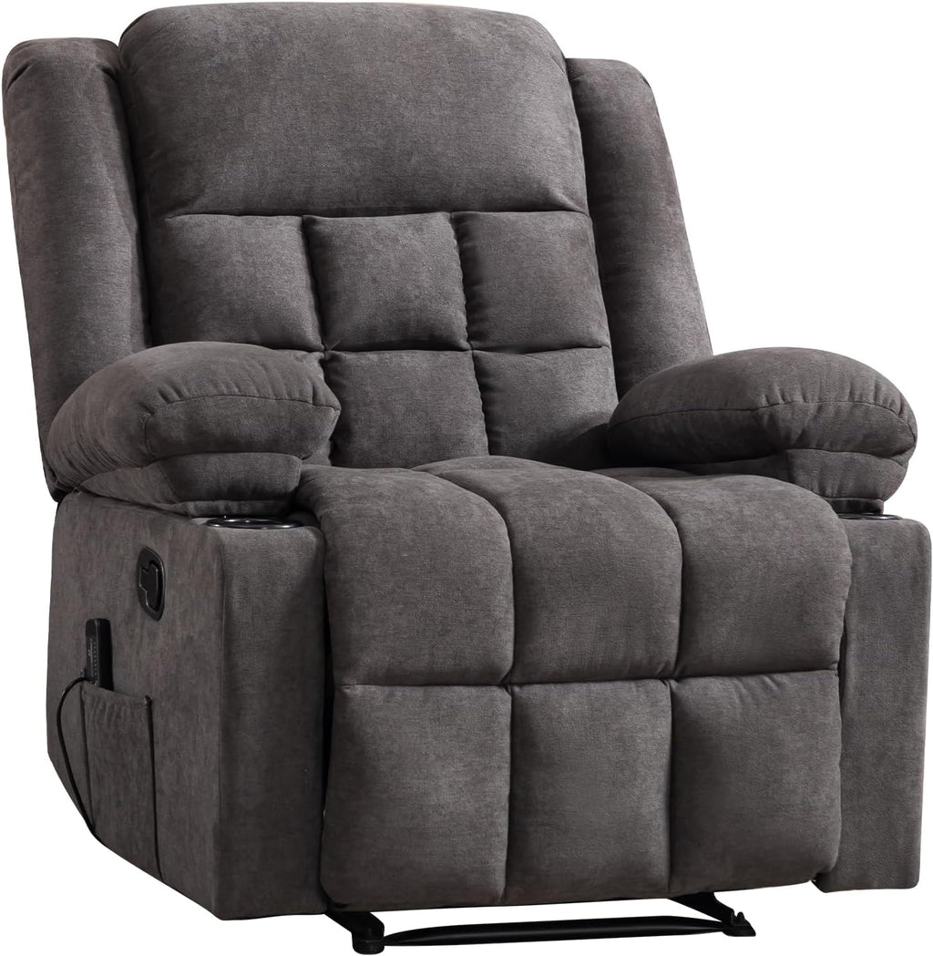 EBELLO Manual Recliner Chair for Adults with Vibration Massage and Lumbar Heating, Soft Fabric Recliner Single Sofa with Side Pocket and Two Cup Holders for Living Room, Grey