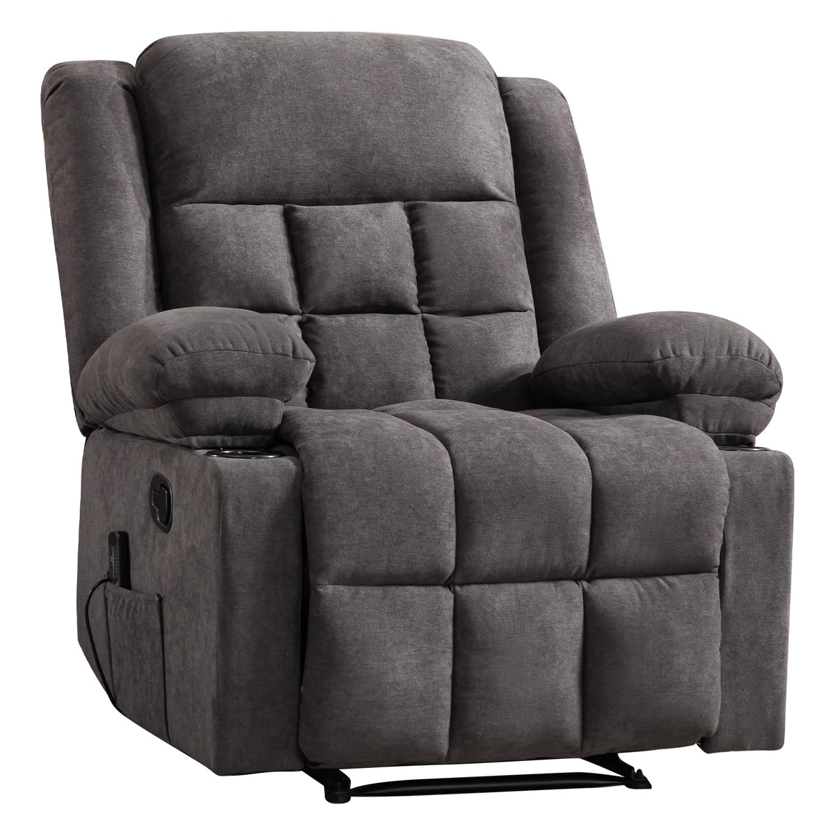 EBELLO Manual Recliner Chair for Adults with Vibration Massage and Lumbar Heating, Soft Fabric Recliner Single Sofa with Side Pocket and Two Cup Holders for Living Room, Grey