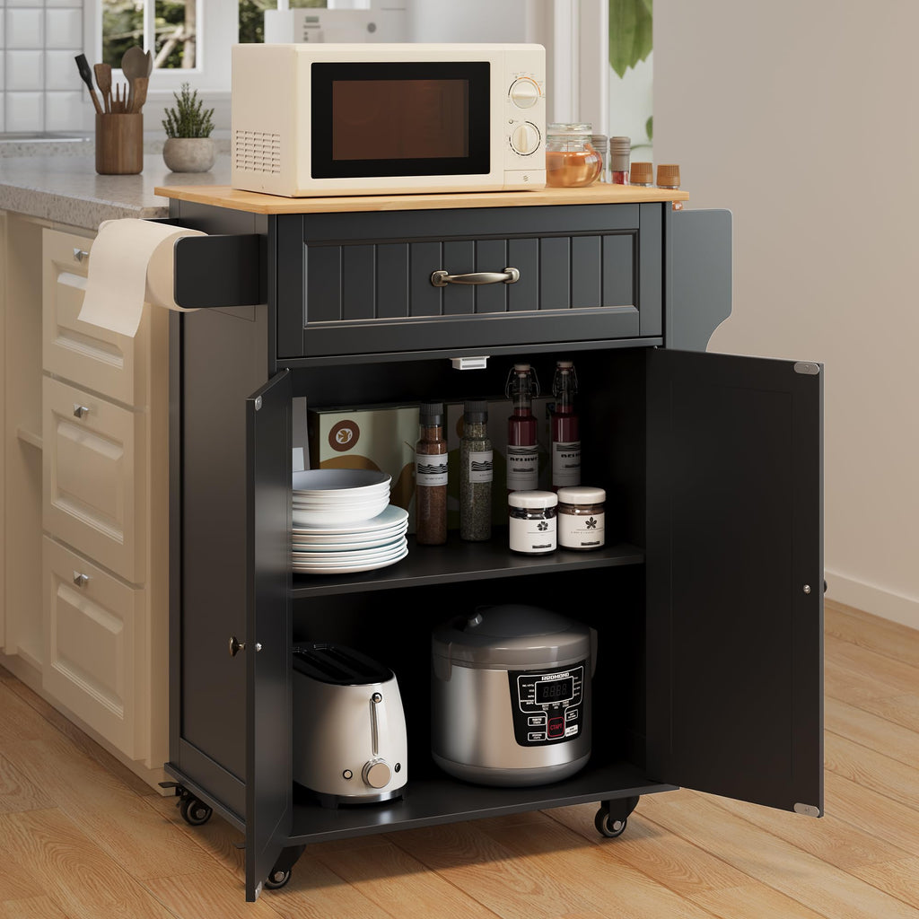 Gizoon Kitchen Island Cart with Adjustable Shelf, White, Tabletop-Oak Color