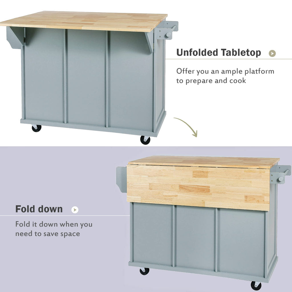Large Kitchen Island with Rubber Wood Drop Leaf and Silver Handle