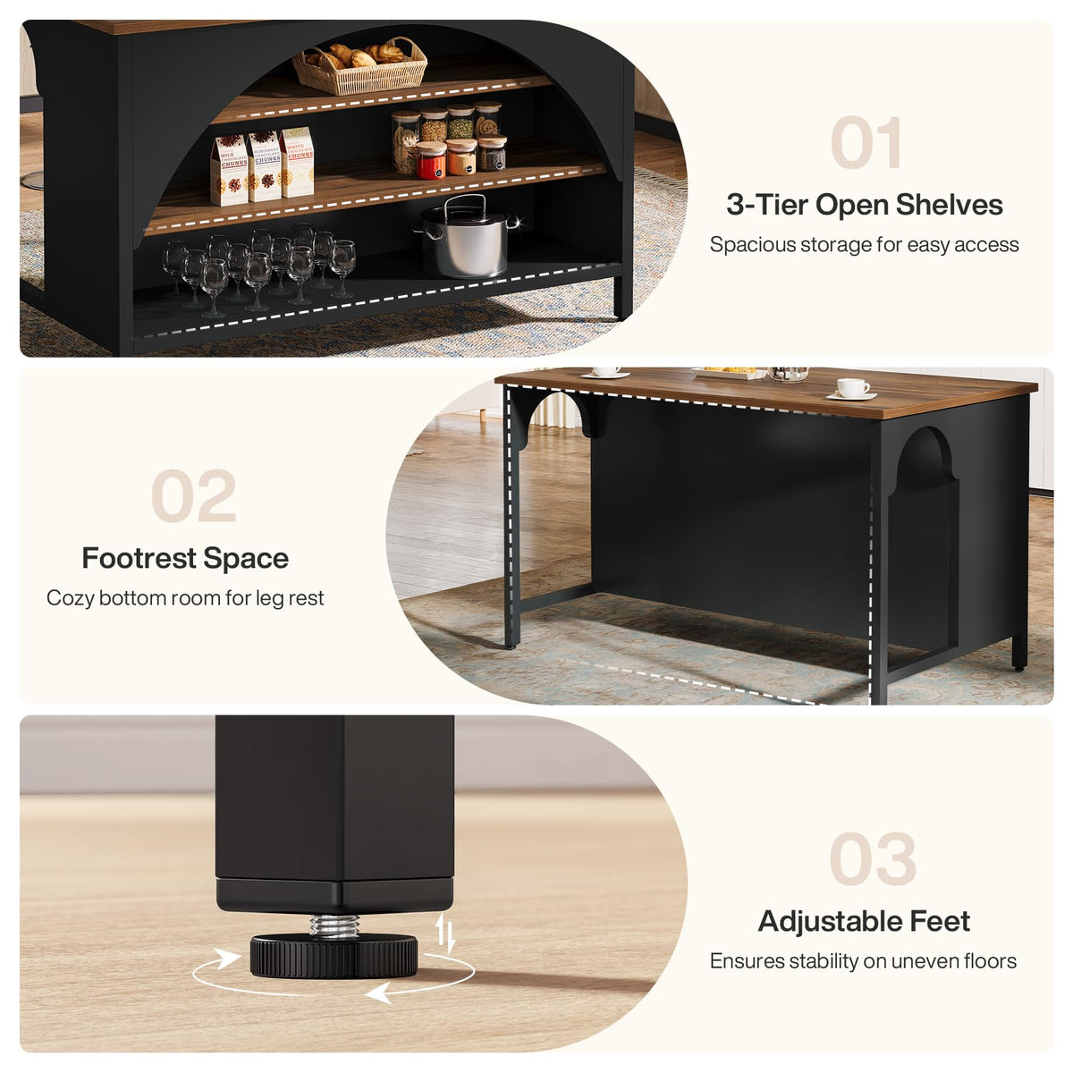 Tribesigns Kitchen Island with 3 Storage Shelves, 55" W Kitchen Shelf with Large Countertop and Seating Area, Modern Wooden Coffee Bar Table (White)
