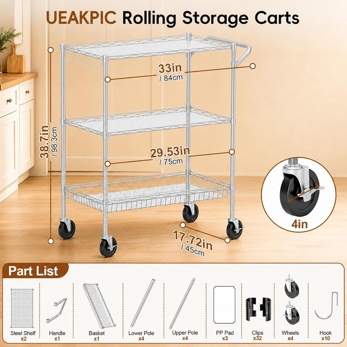3-Tier Kitchen Storage Cart with Wheels, Rolling Utility Cart