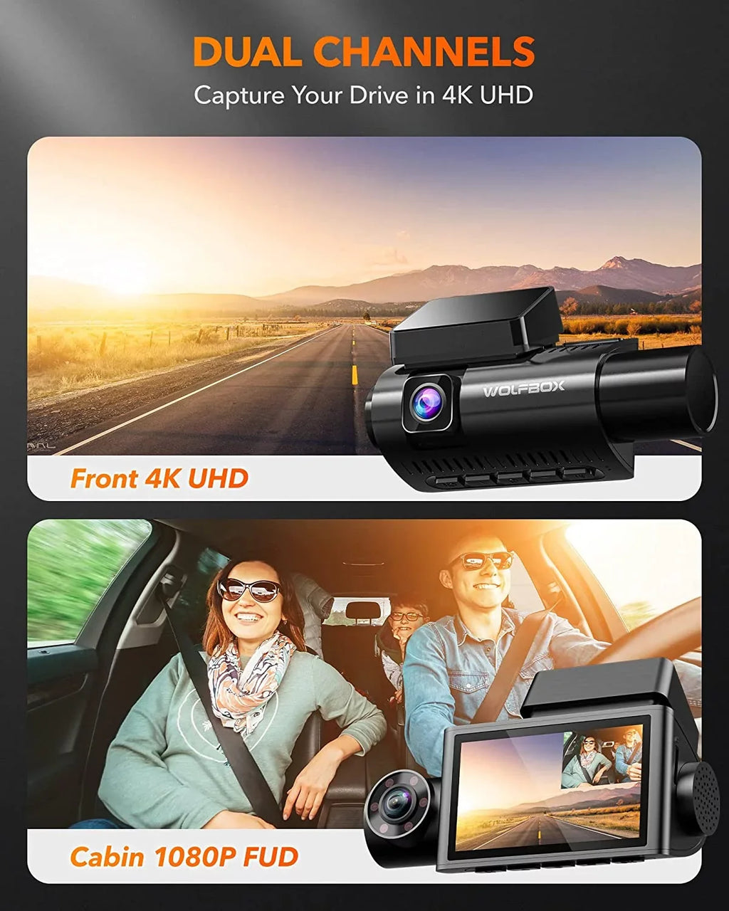 WiFi&GPS, Recording, Loop with Super 3" IR Dash Vision, 24H Parking Cam Night G-Sensor, DashCam LCD 3 WOLFBOX 4K Rear and Front Monitor Channel,