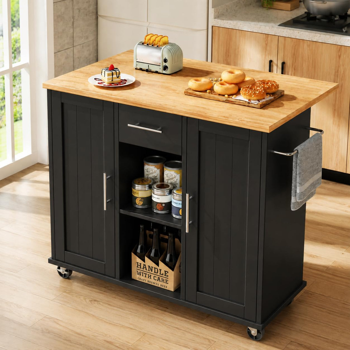 JY QAQA 42" Rolling Kitchen Island Cart with Storage, Drop Leaf Countertop, Drawers & Towel Rack, Mobile Kitchen Table on Wheels for Kitchen Dining Room, White
