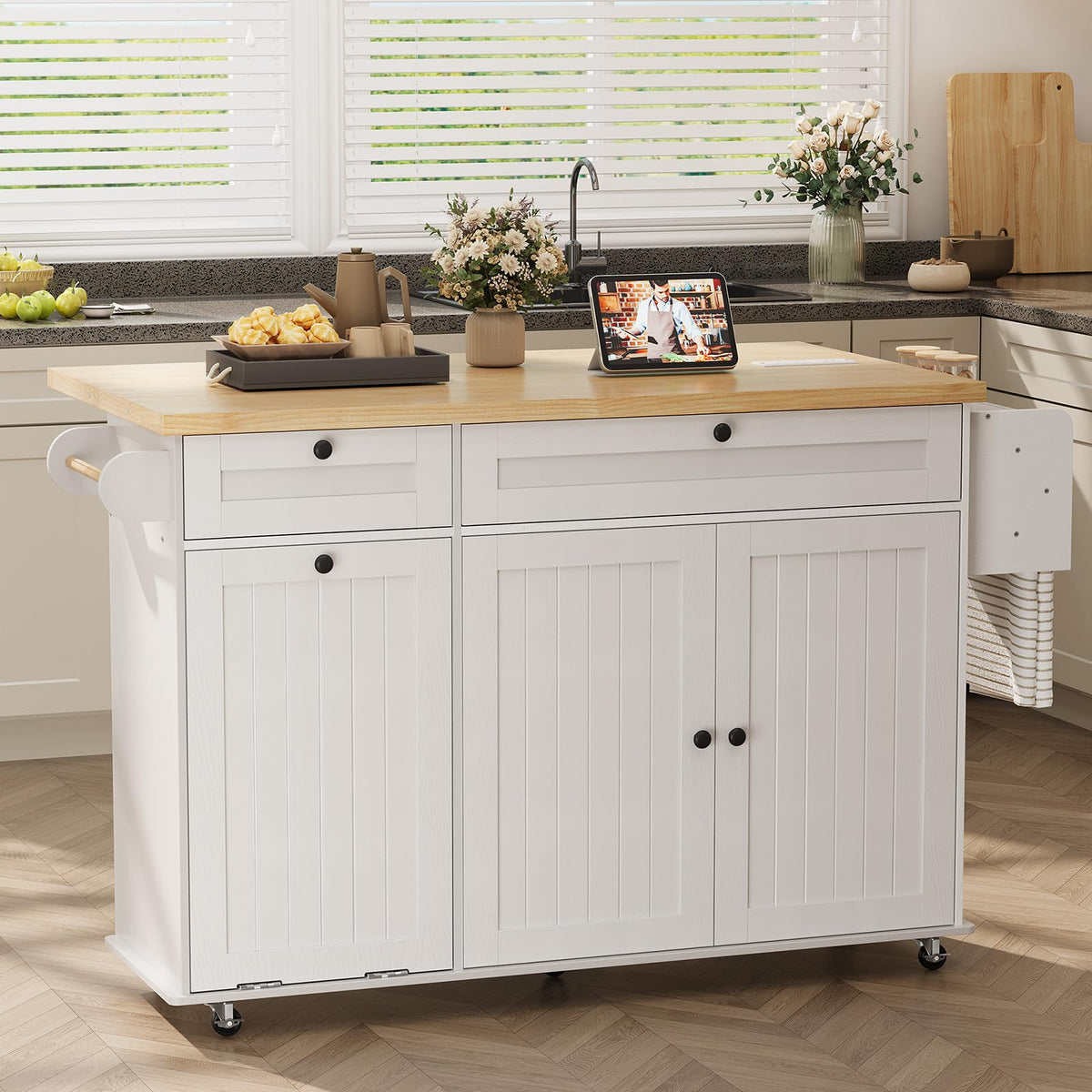 ComfyCorner 60" Rolling Large Kitchen Island on Wheels with Extendable Table, Drop Leaf & Power Outlet, Mobile Kitchen Cart with Storage Cabinet, 2 Drawers, Spice Rack, Towel & Knife Holder, Green