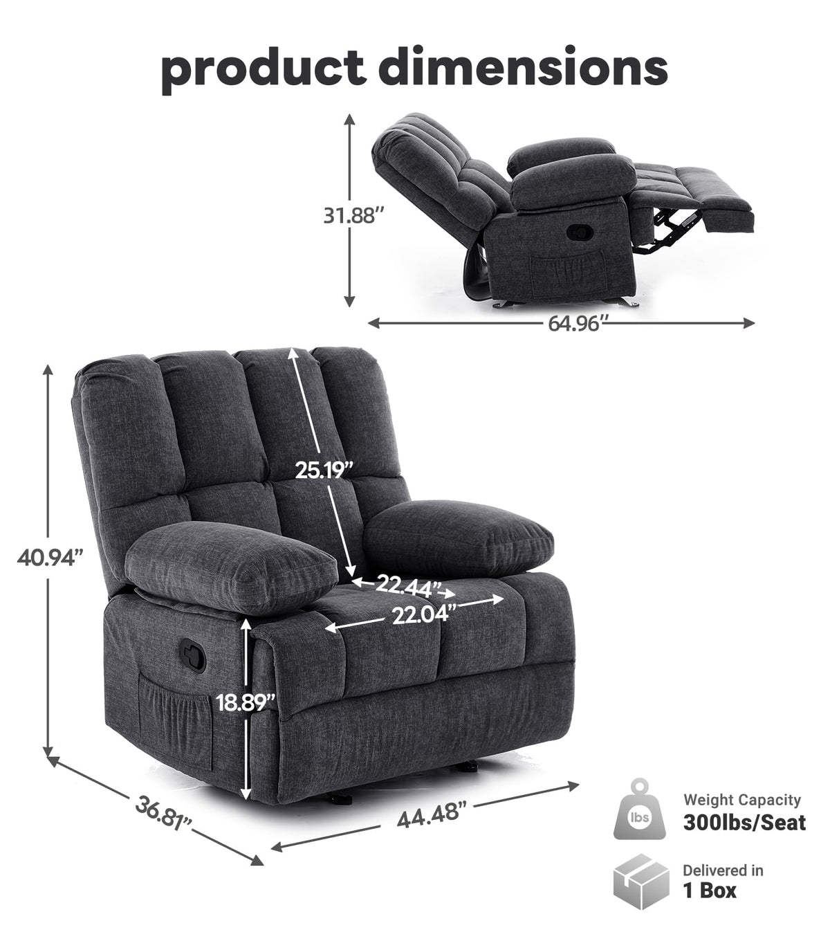 WILLOVE 41" Oversized Rocker Recliner Chair, Rocking Recliners Overstuffed Soft Big Man Manual Recliner, Extra Large Chenille Living Room Chair 350 LBS Capacity, Grey, L
