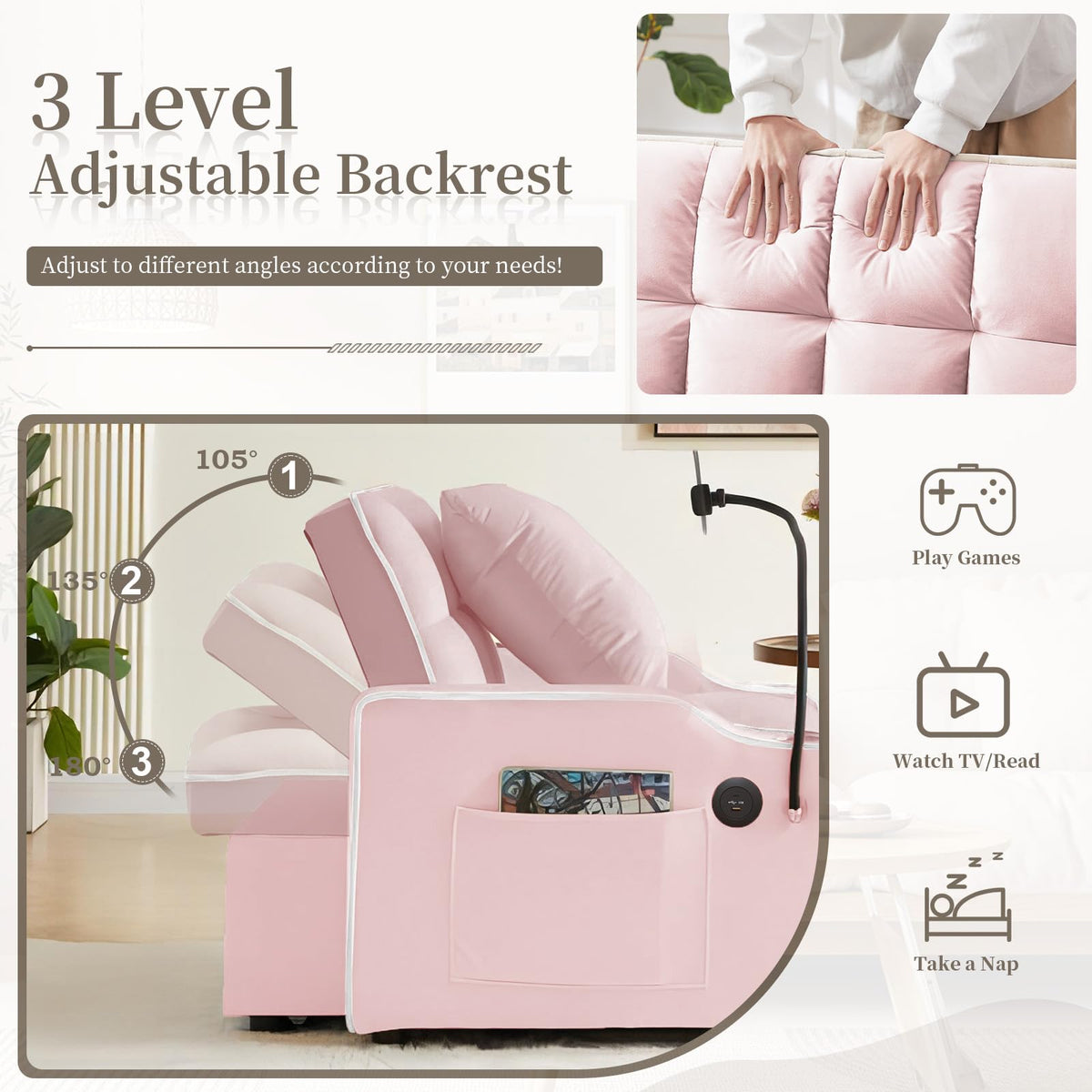 Convertible Single Sleeper Chair Bed,3 in 1 Velvet Futon Sleeper Sofa Bed with Phone Holder&USB Ports,Pull Out Couch Bed,Adjustable Recliner Armchair bed for Living Room,Office,Small Places(Grey)