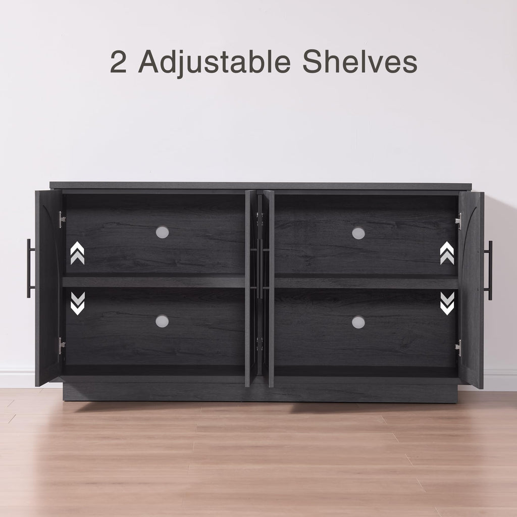 Fatmok 79" Tall Arched Pantry Cabinet with LED Light & Charging Station, Modern Coffee Bar Liquor Cabinet with Wine Rack & Glass Holder, Kitchen Storage Cabinet with Adjustable Shelves, Black Grey