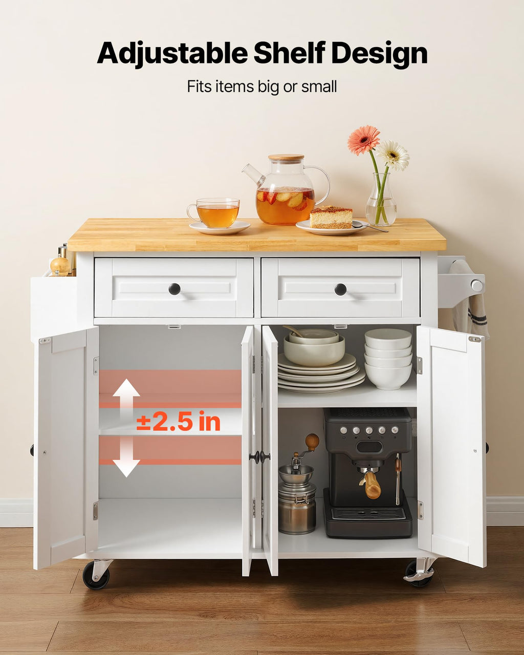 VEVOR Kitchen Island Cart with Storage, 47.64 in Wide Mobile Rolling Storage Island on Swivel Wheels, with 2 Drawers, Storage Cabinet, Drop Leaf, Towel Rack, Table for Home Dining Room, White