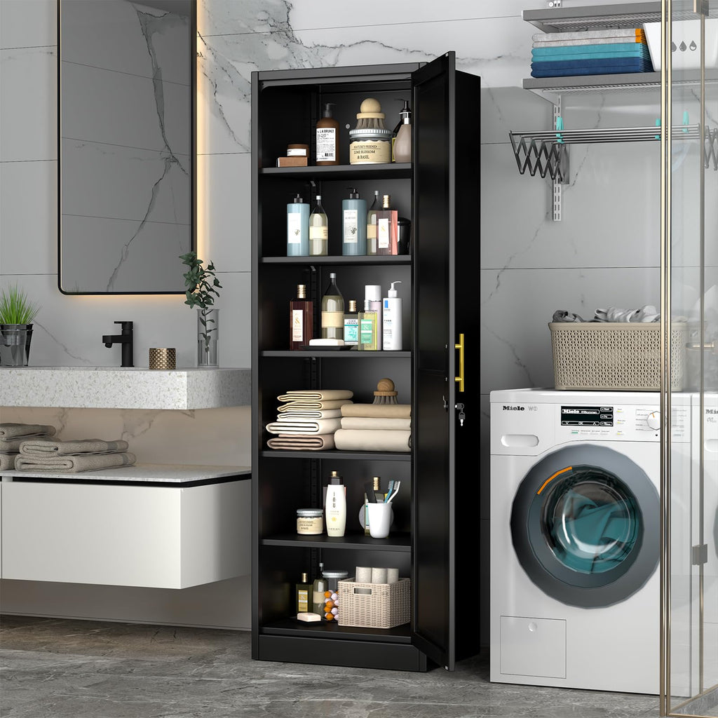 67" Tall Metal Pantry Cabinet, Narrow Freestanding Storage Cabinet, Black