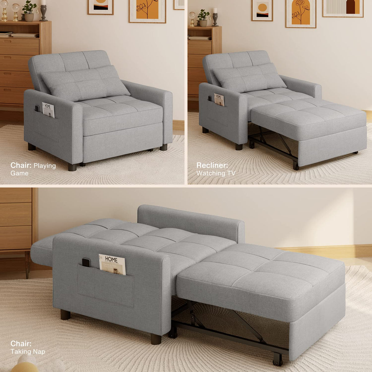 Aiho 3-in-1 Sleeper Chair Bed Convertible Sofa, Dark Gray