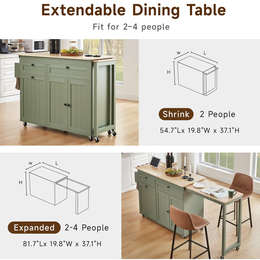 Kitchen Islands with Extendable Dining Table, Mobile Storage Islands, White