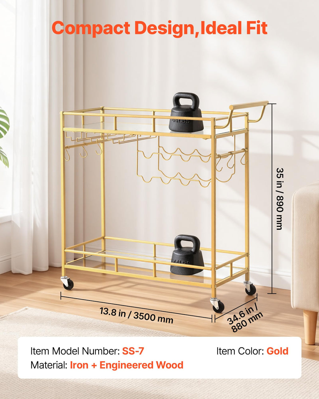 VEVOR Bar Cart, 3 Tiers Home Kitchen Serving Carts, Modern Rolling Utility Station on Wheels, Drink Beverage Trolley with Tempered Glass Shelves, Wine Rack, Glass Holder, for Living Dining Room, Gold