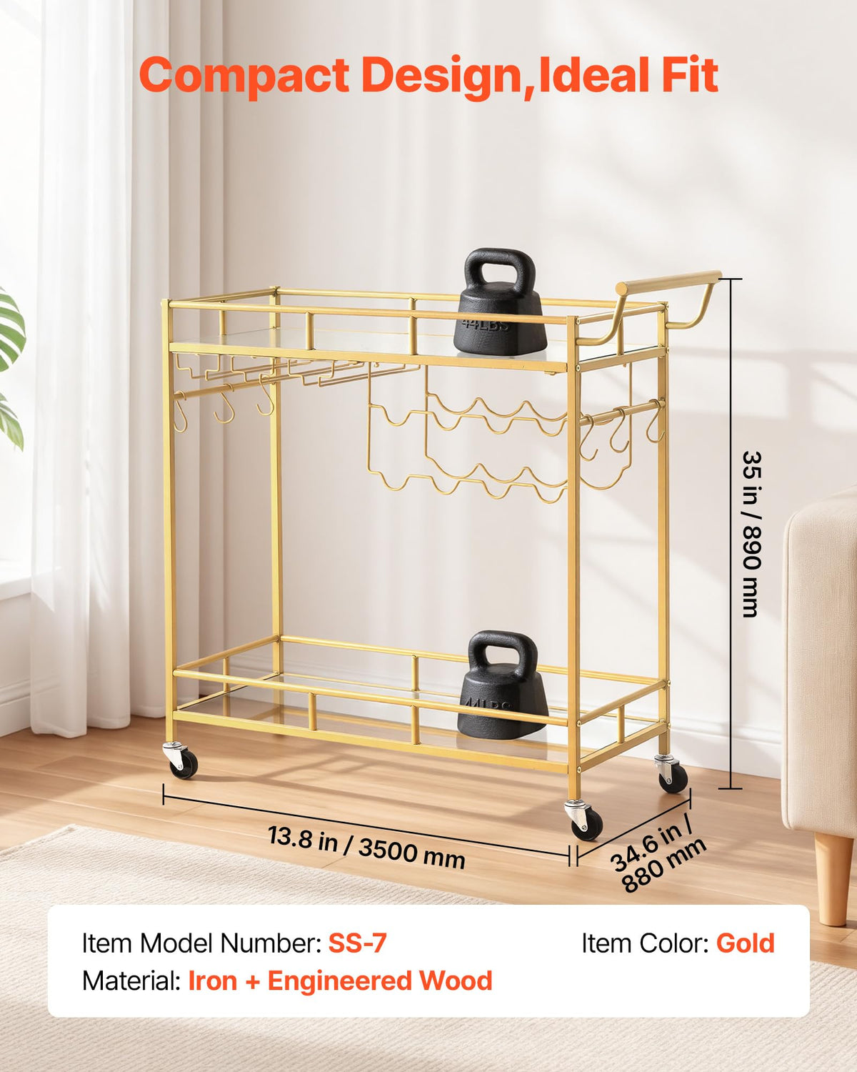 VEVOR Bar Cart, 3 Tiers Home Kitchen Serving Carts, Modern Rolling Utility Station on Wheels, Drink Beverage Trolley with Tempered Glass Shelves, Wine Rack, Glass Holder, for Living Dining Room, Gold