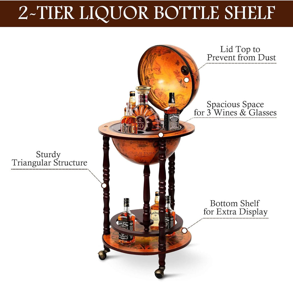 HAPPYGRILL Globe Bar, 17.5â Wine Bar Stand Italian Wooden Globe Wine Cart Liquor Bottle Shelf, 16th Century Retro Wine Cupboard with Wheels for Dining Room Living Room, Retro Brown