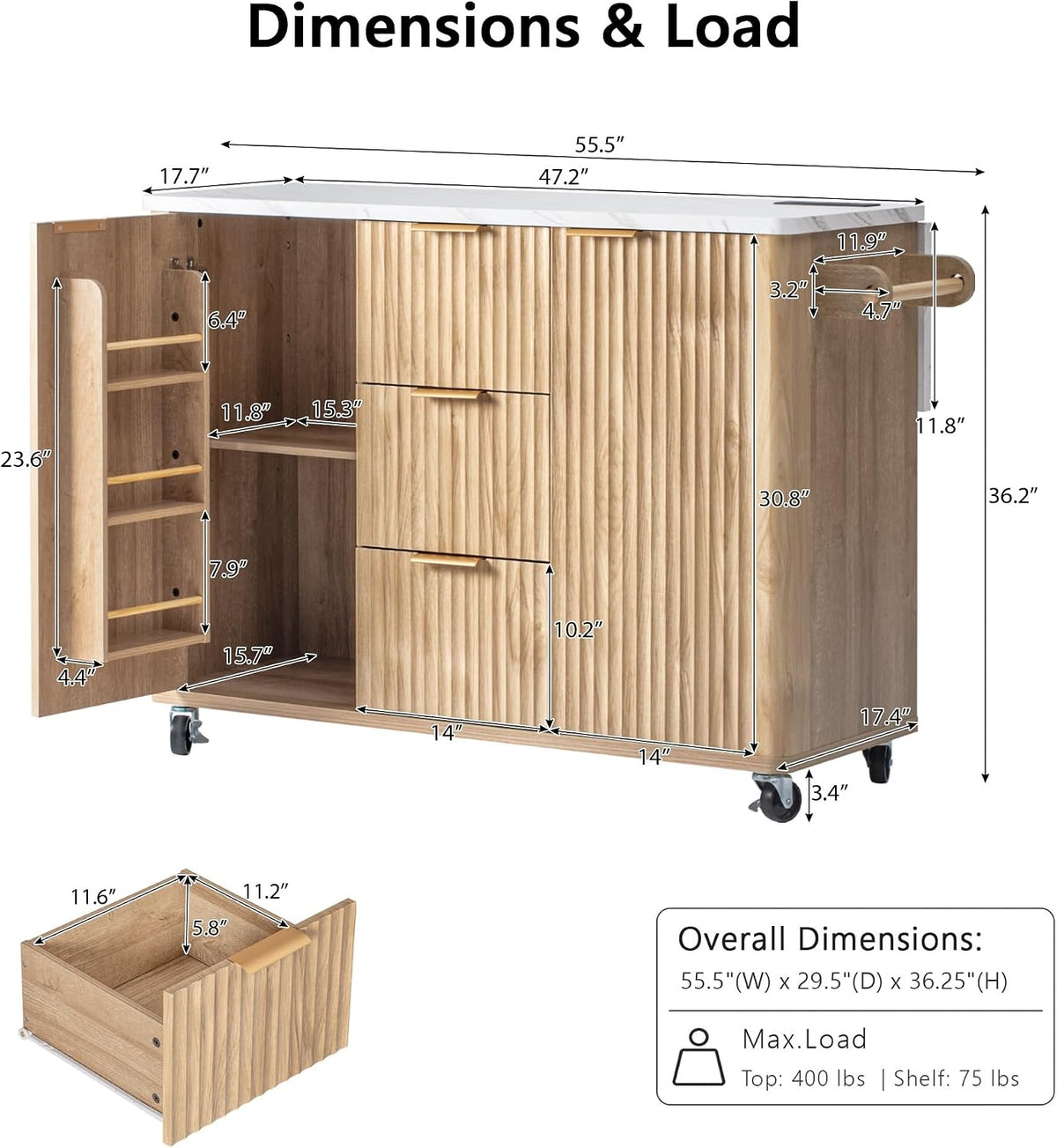 Large Fluted Kitchen Island Cart on Wheels with Storage, Natural