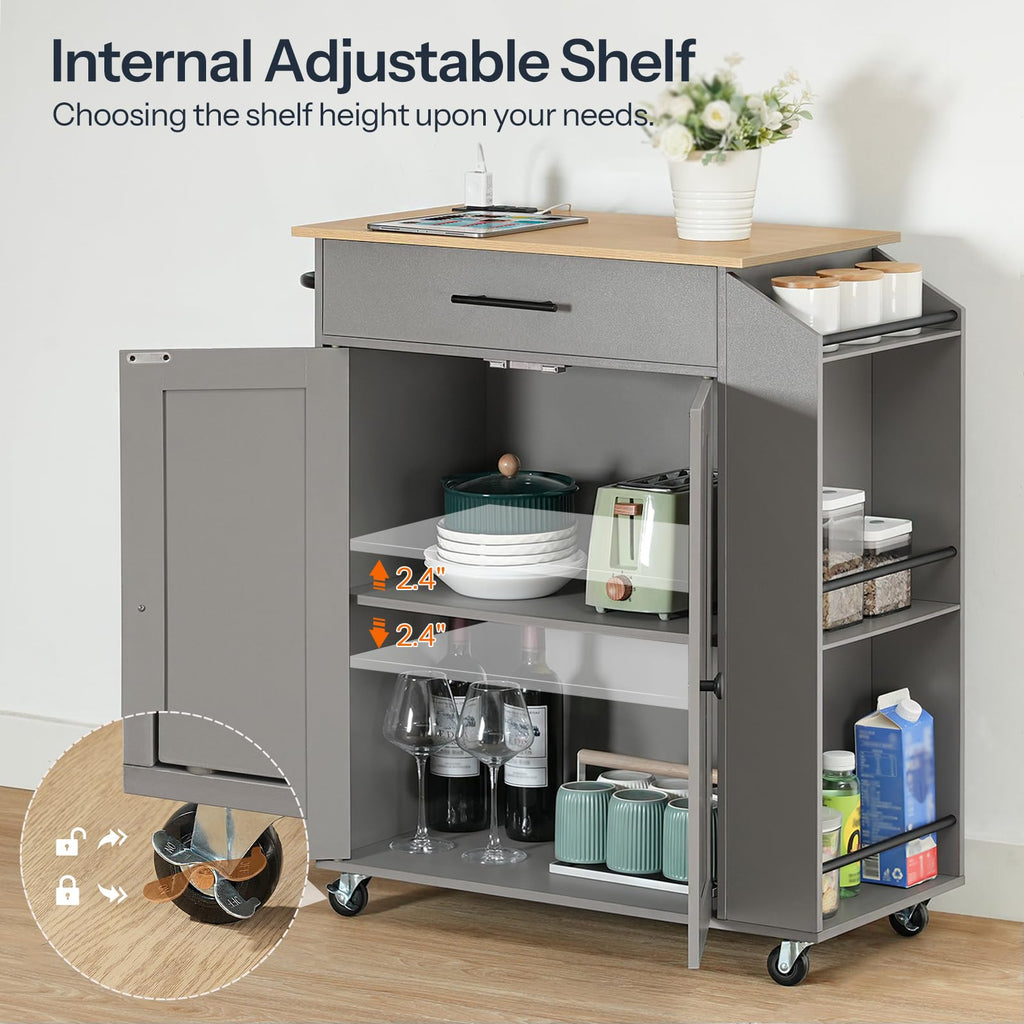 HOOBRO Kitchen Island with Power Outlet, Storage Island with Spice Rack and Drawer, Rolling Kitchen Cart on Wheels, for Home, Dining Room, Rustic Brown and Black