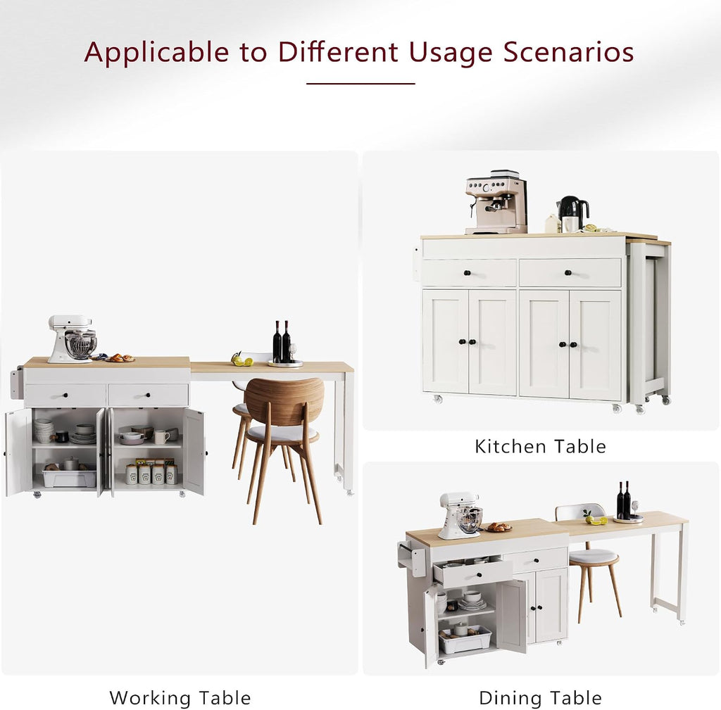 Merax 74.5" Kitchen Island with Extendable Dining Table, Rolling Kitchen Storage Cart on Wheels with Spice Rack & 2 Drawers & 4 Door Cabinet for Dining Room, White