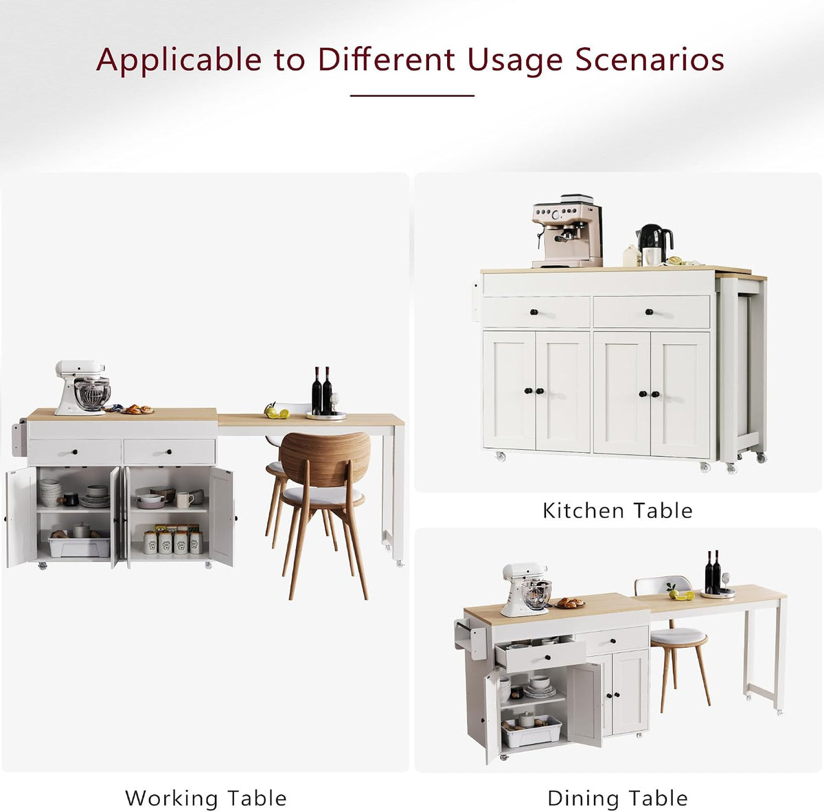 Merax 74.5" Kitchen Island with Extendable Dining Table, Rolling Kitchen Storage Cart on Wheels with Spice Rack & 2 Drawers & 4 Door Cabinet for Dining Room, White