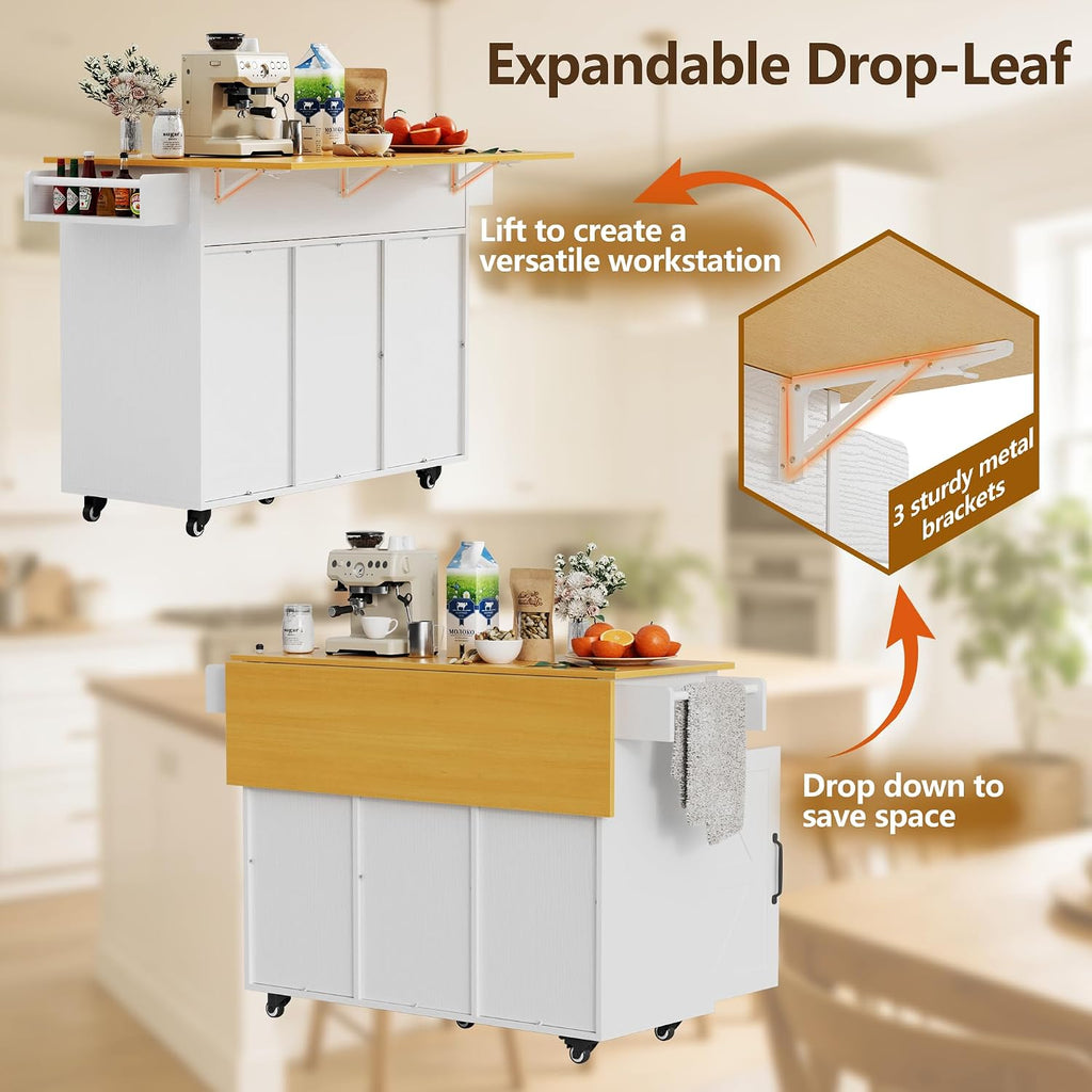 YESHOMY Kitchen Island on Wheels with Trash Cabinet, White & Brown