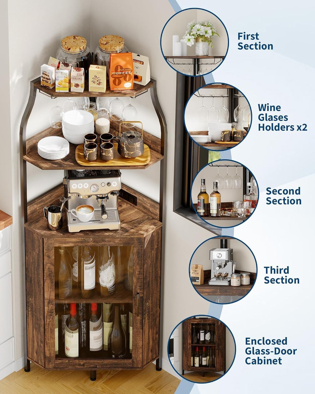 Garvee 72-Inch Industrial Corner Wine Cabinet with Built-in Power Outlet and LED Strip, Mesh Door Liquor Storage with Glass Holder, 5-Tier Bar Display Unit for Home or Small Space, Sturdy Metal Frame