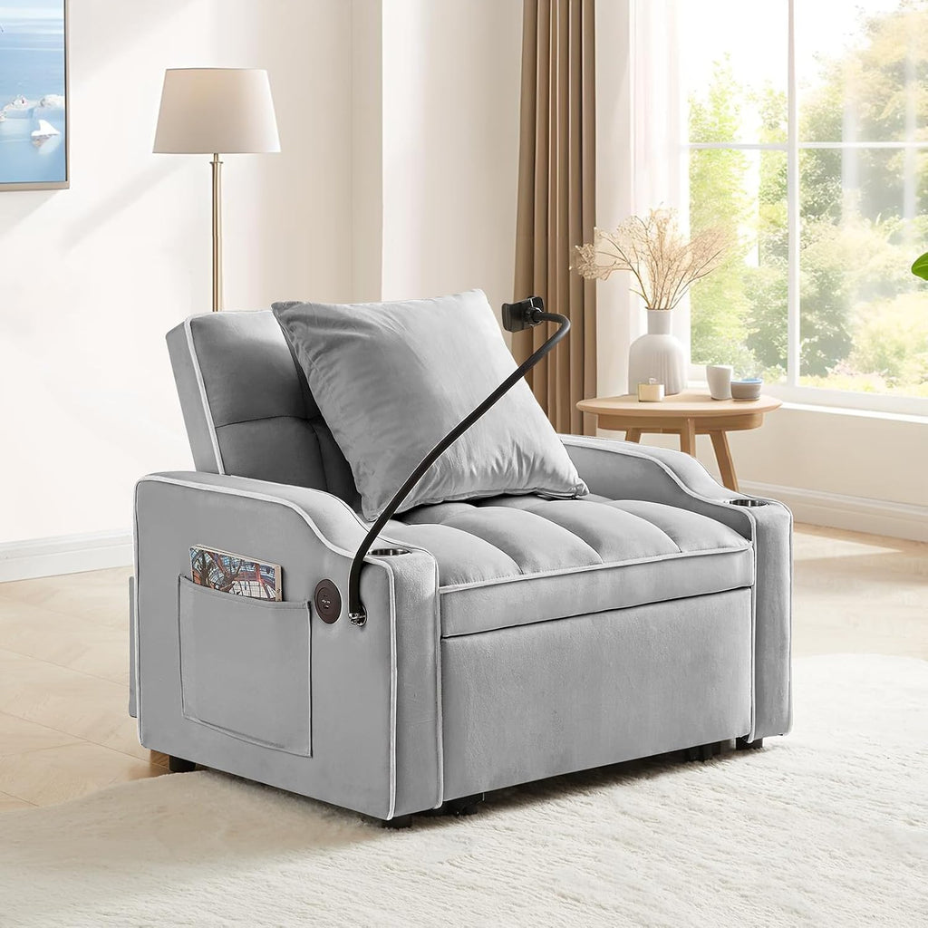 Convertible Single Sleeper Chair Bed,3 in 1 Velvet Futon Sleeper Sofa Bed with Phone Holder&USB Ports,Pull Out Couch Bed,Adjustable Recliner Armchair bed for Living Room,Office,Small Places(Grey)