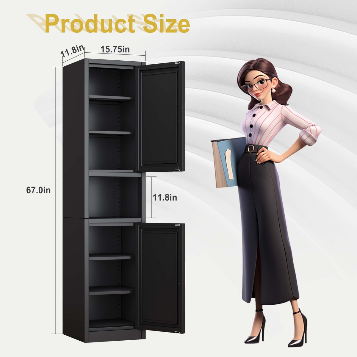 67" Tall Metal Pantry Cabinet, Narrow Freestanding Storage Cabinet, Black