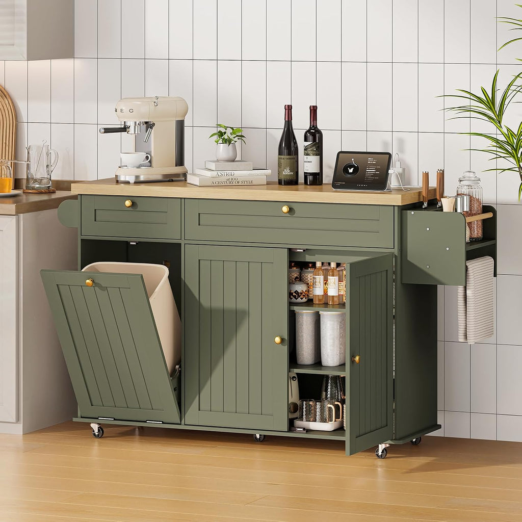 ONBRILL 60" Kitchen Island with Trash Can Storage, Rolling Island Table