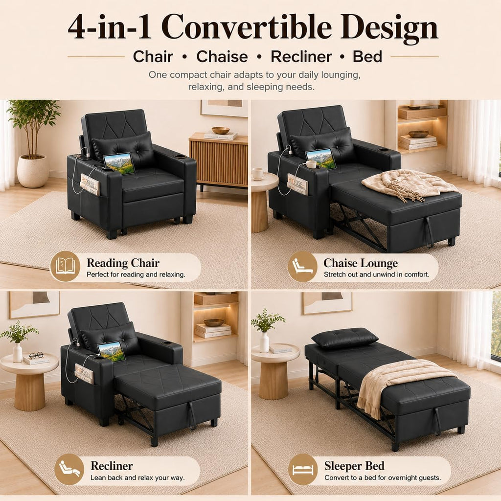 AILEEKISS Sleeper Chair Bed, 3-in-1 Convertible Pull Out Sofa, Faux Leather