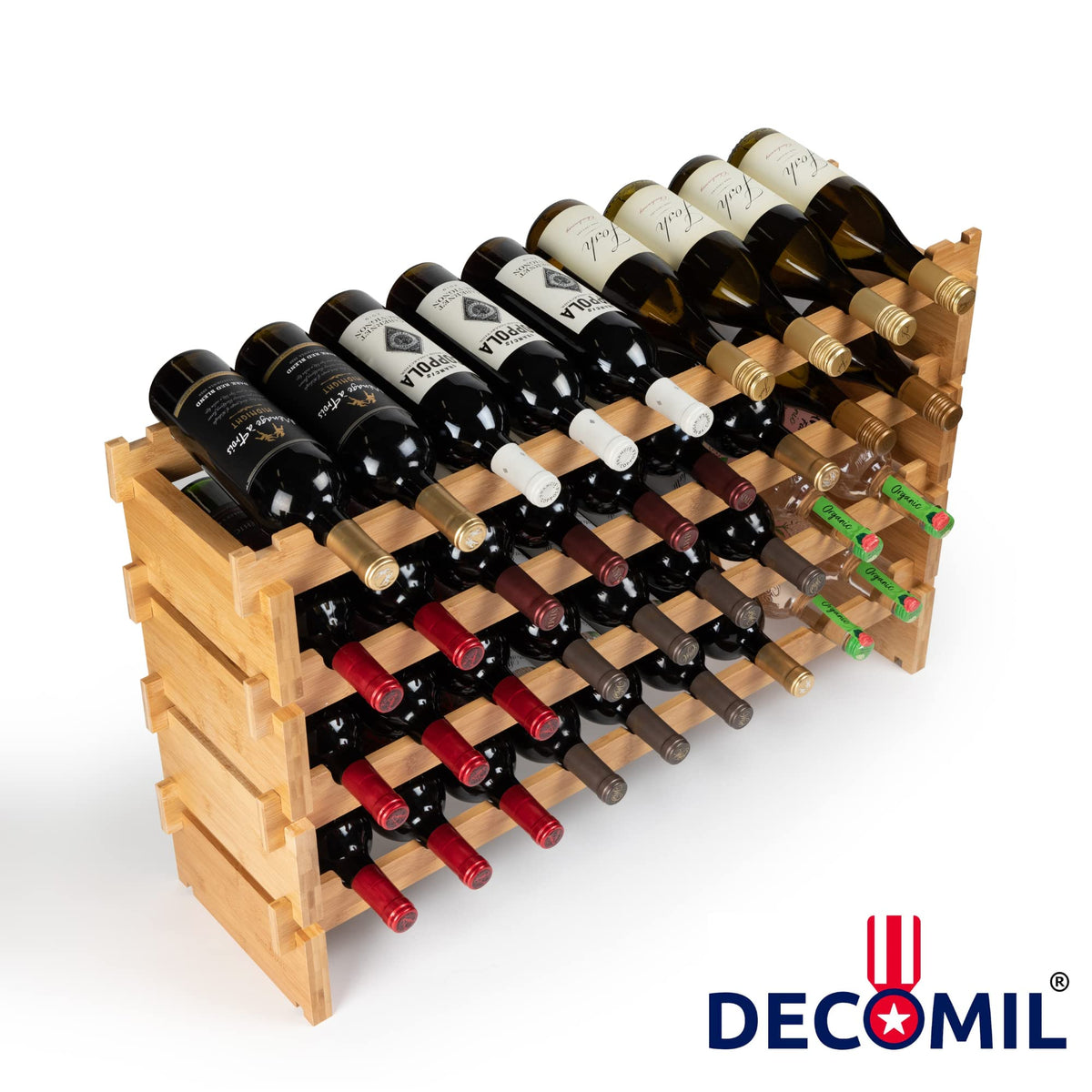 DECOMIL - 72 Bottle Stackable Modular Wine Rack Wine Storage Rack Solid Bamboo Wine Holder Display Shelves, Wobble-Free (Eight-Tier, 72 Bottle Capacity)