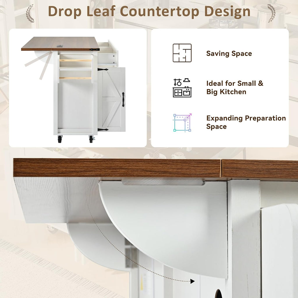 Ball & Cast Farmhouse Kitchen Island with Power Outlet,Dining Storage Island with Drop Leaf,Spice Rack and Drawer,Rolling Dining Cart on Wheels for Home,Kitchen,Dining Room,White,54"