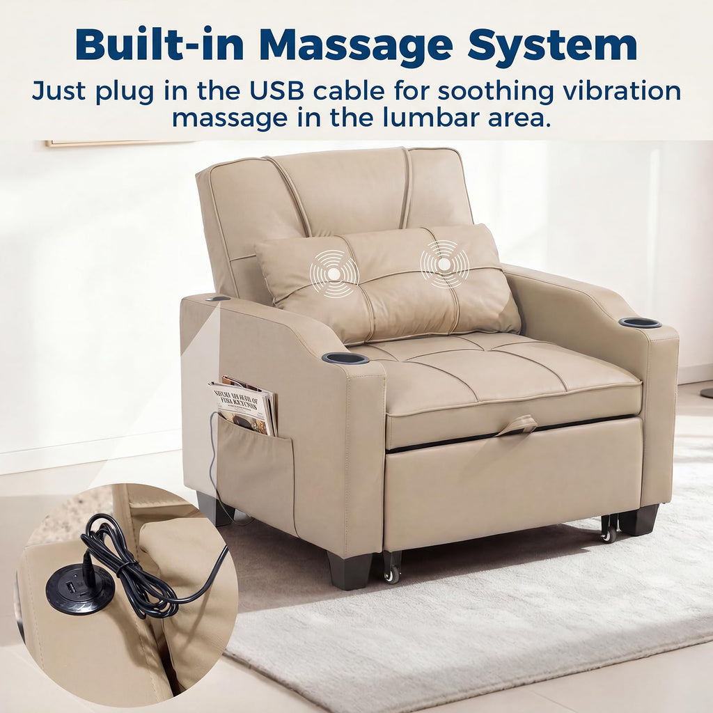 Sleeper Chair Pull Out Bed, 4 in 1 Convertible Sofa Chair Bed with Vibration Massage Lumbar Pillow, Single Sofa Recliner with USB/Type-C Port, Cup Holders and Side Pocket for Small Spaces (Black)