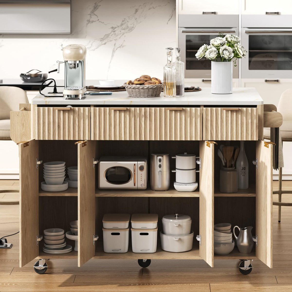 Large Fluted Kitchen Island Cart on Wheels with Storage, Natural