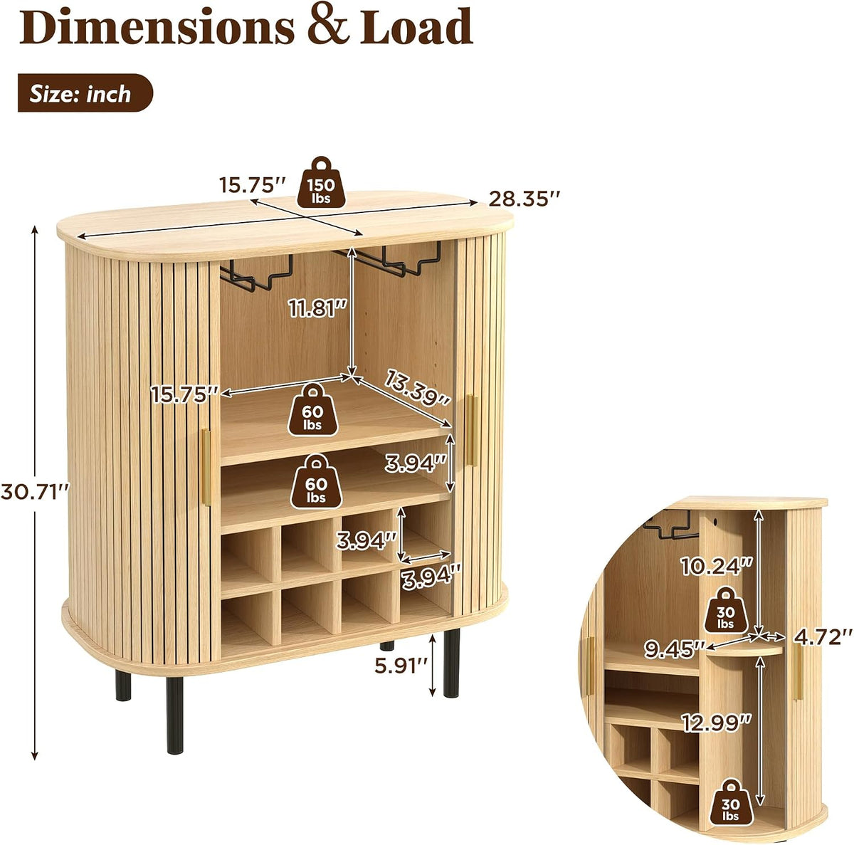 Natural Wine & Coffee Bar Cabinet with Gold Handle & Sliding Tambour Doors,Modern Curved Liquor Cabinet Coffee Station with 8*Wine Rack & 2*Glass Holders,5-Level Adjustable Shelf & Side Hidden Storage