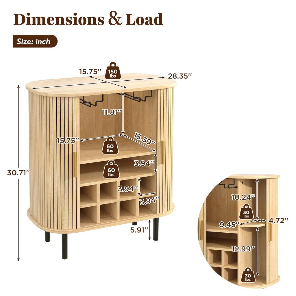 28" Fluted Wine Bar Cabinet with Storage, Modern Liquor Cabinets, Walnut