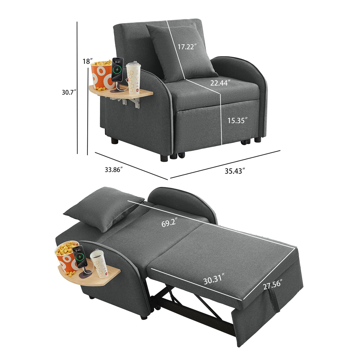 Convertible Single Sleeper Chair Bed,3 in 1 Velvet Futon Sleeper Sofa Bed with Phone Holder&USB Ports,Pull Out Couch Bed,Adjustable Recliner Armchair bed for Living Room,Office,Small Places(Grey)