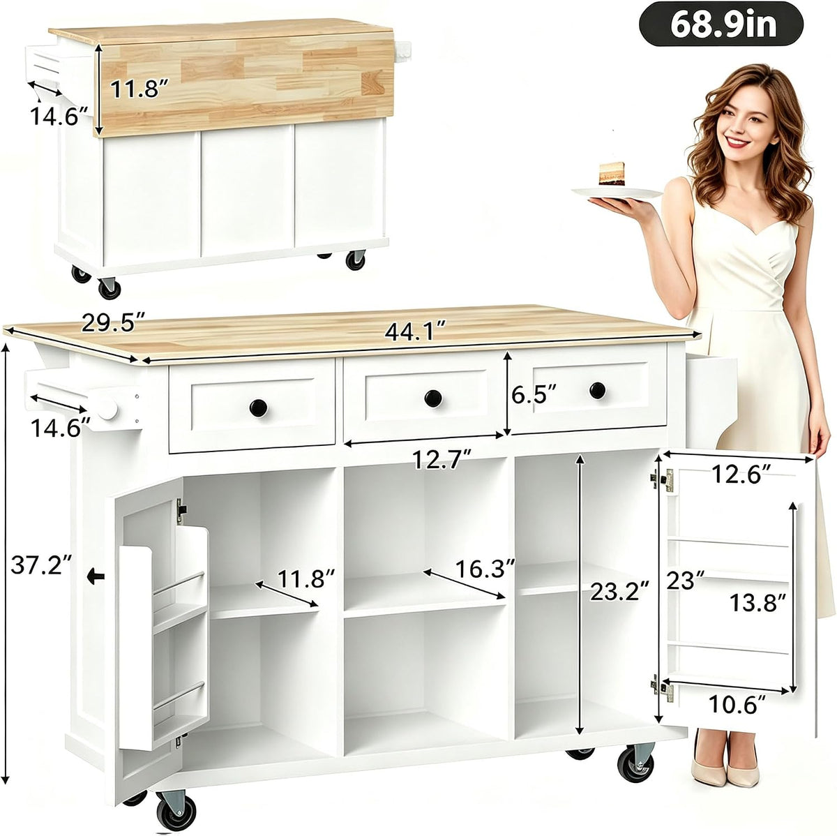 Rolling Kitchen Island with Rubber Wood Drop Leaf Countertop, Kitchen Cart on 5 Wheels with Storage Cabinet, 3 Drawers, Towel & Spice Rack, Mobile Kitchen Table for Dining Room Apartment, White