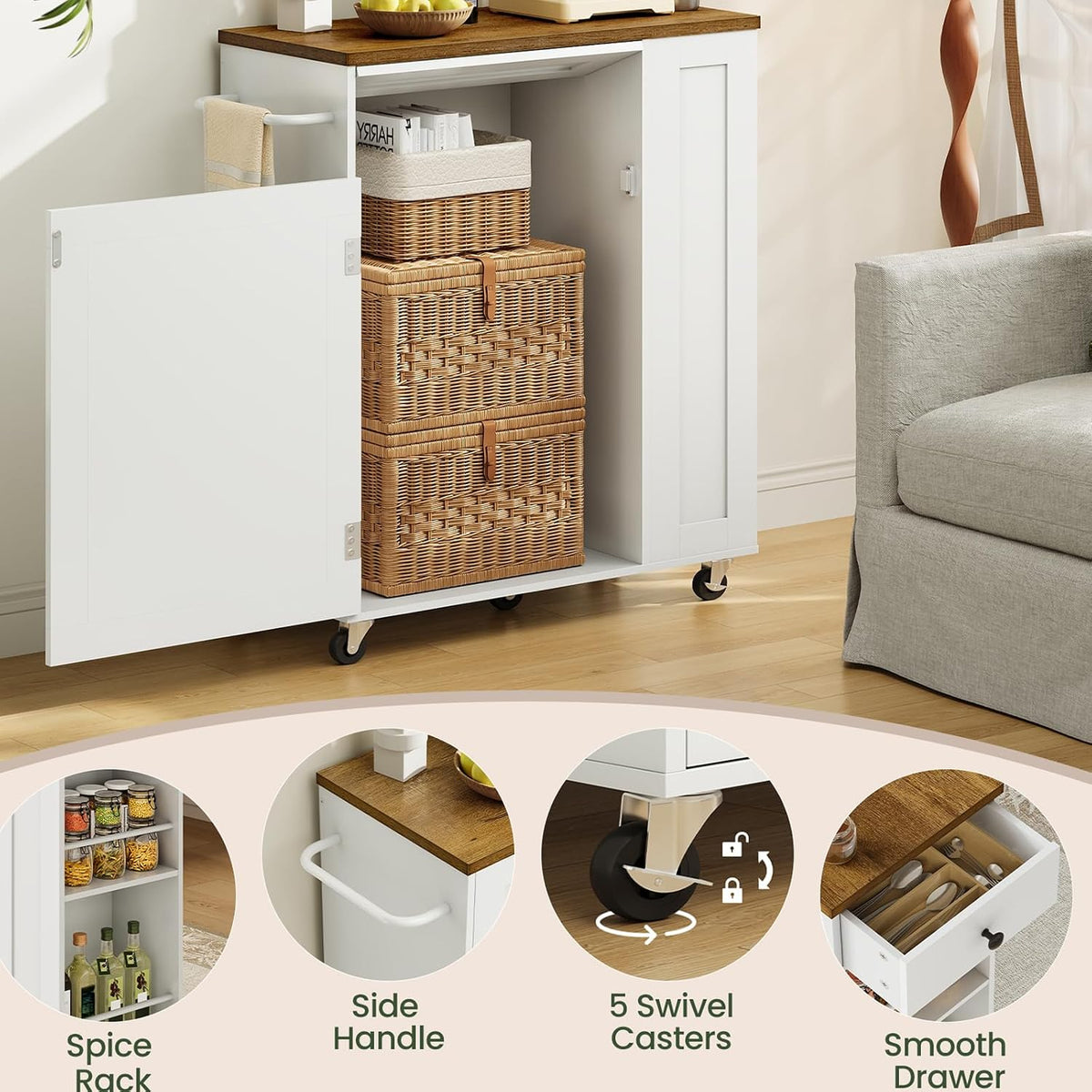CHOEZON Kitchen Island Cart with Storage, Kitchen Cabinet, Mobile Kitchen Island, Storage Trolley for Kitchen with Hidden Trash Bin Cabinet, for Dining Room, White and Walnut MZD06WL