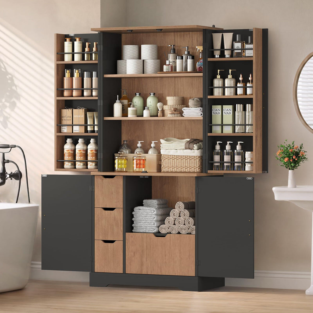 Itaar 71" Kitchen Pantry Cabinet with Charging Station and Led Light, Kitchen Storage Cabinets with Microwave Stand, 59" Wide Pantry Storage Cabinet with Storage Cart 3 Tier for Dining Room, White