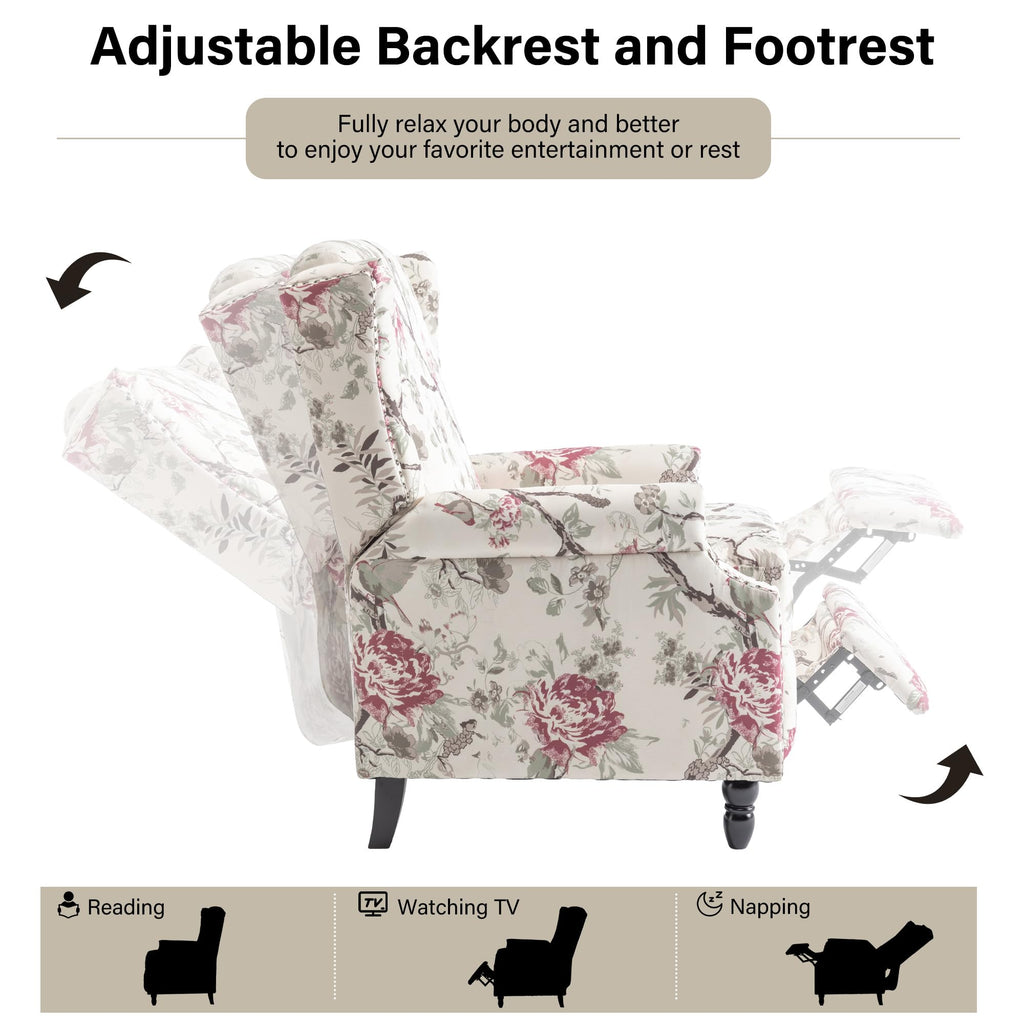 Wingback Floral Pushback Recliner Chair, Plants Beige, Set of 2