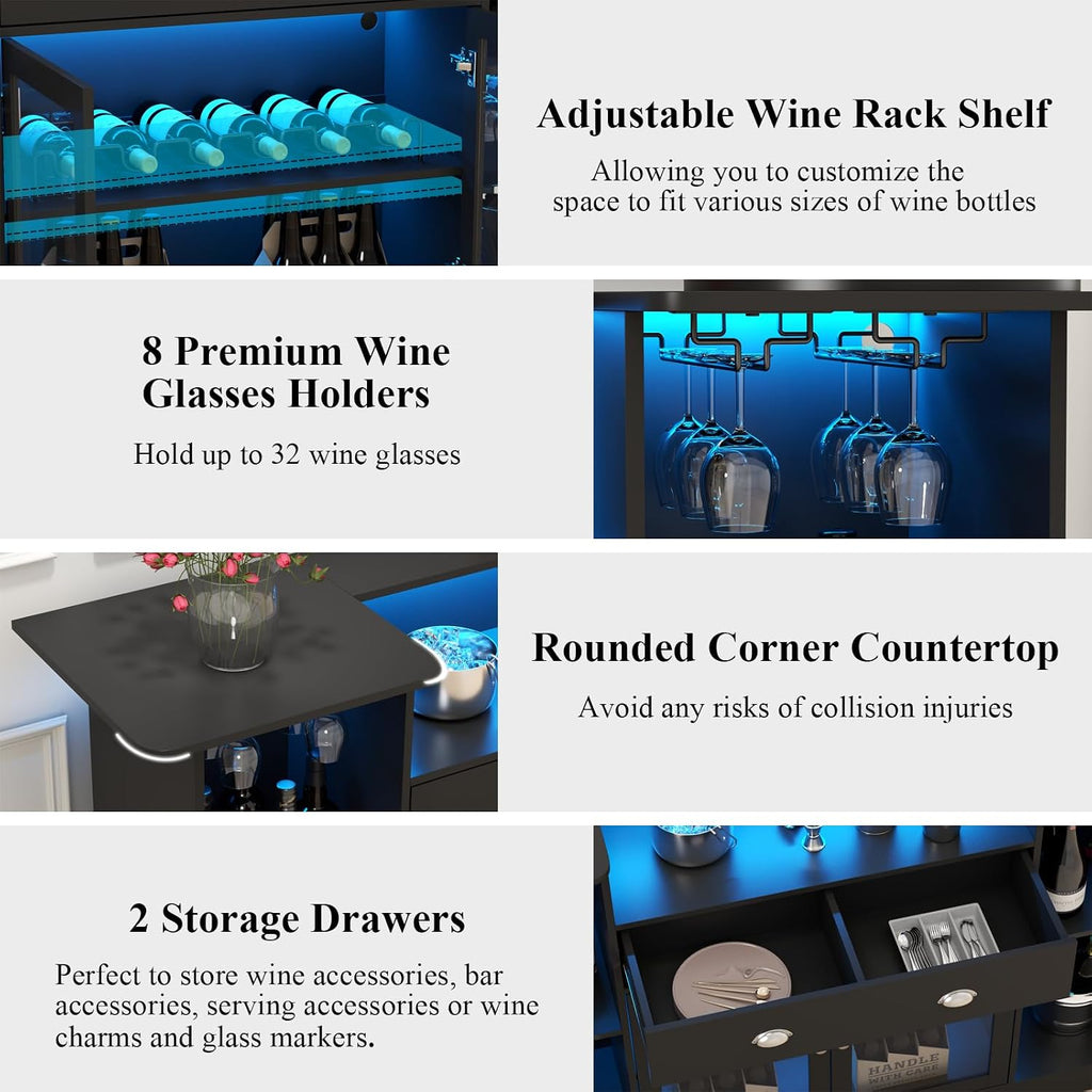 63" LED Bar Cabinet with Drawer, 8-Tier Storage & Glass Holders for Home