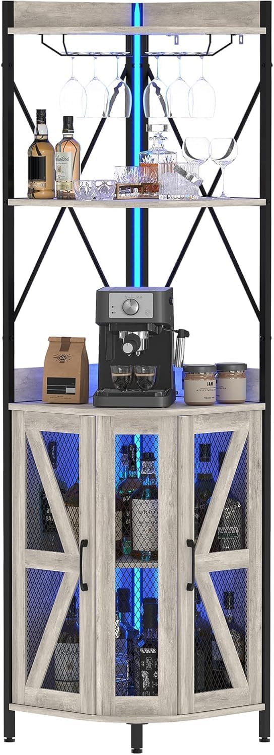 Garvee 72-Inch Industrial Corner Wine Cabinet with Built-in Power Outlet and LED Strip, Mesh Door Liquor Storage with Glass Holder, 5-Tier Bar Display Unit for Home or Small Space, Sturdy Metal Frame