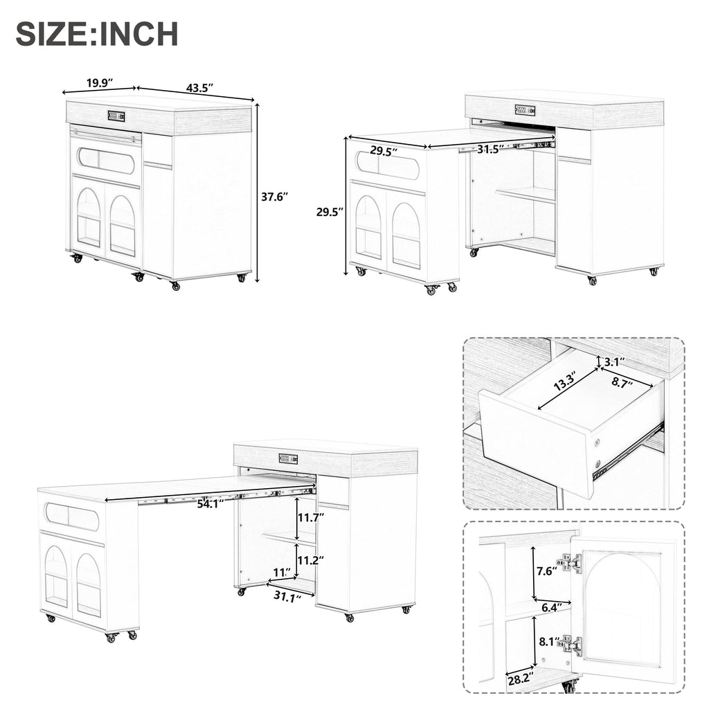 Extendable Dining Table with Folding Tabletop & Power Outlet, Modern Kitchen Island Sideboard with Wheels, Hidden Drawers & USB Charging, Sturdy Buffet Table for Small Spaces (Black)