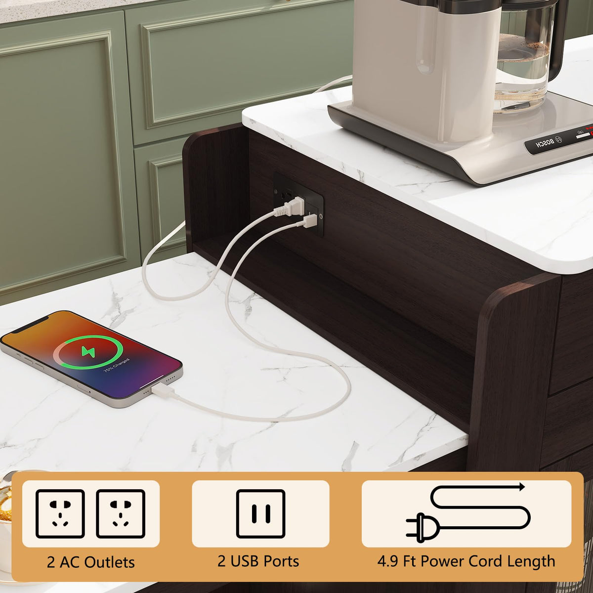 HLR 72" Extendable Rolling Kitchen Island with Storage, Island Table on Wheels with Marble Grain Countertop & Power Outlet, Portable Island Cart with Cabinets, Drawers and Shelves, Wood