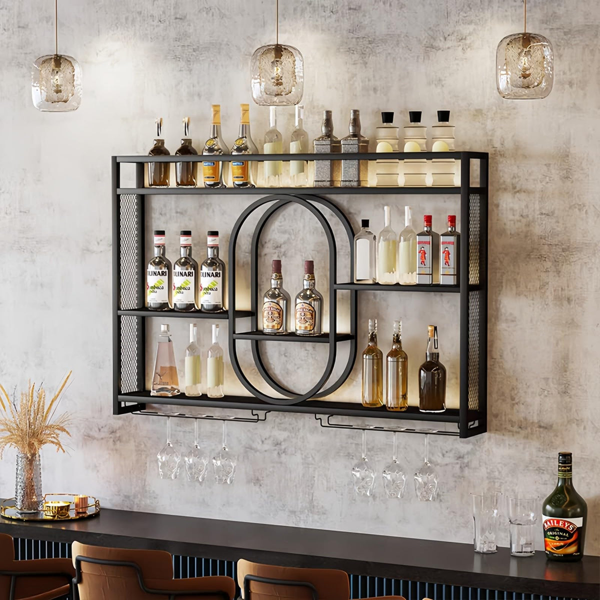 39" Upgrade Metal Wall Mounted Wine Rack, 3-Tier Large Capacity Hanging Bar Shelf, Modern Liquor Wall Shelves for Home & Dining, Gold