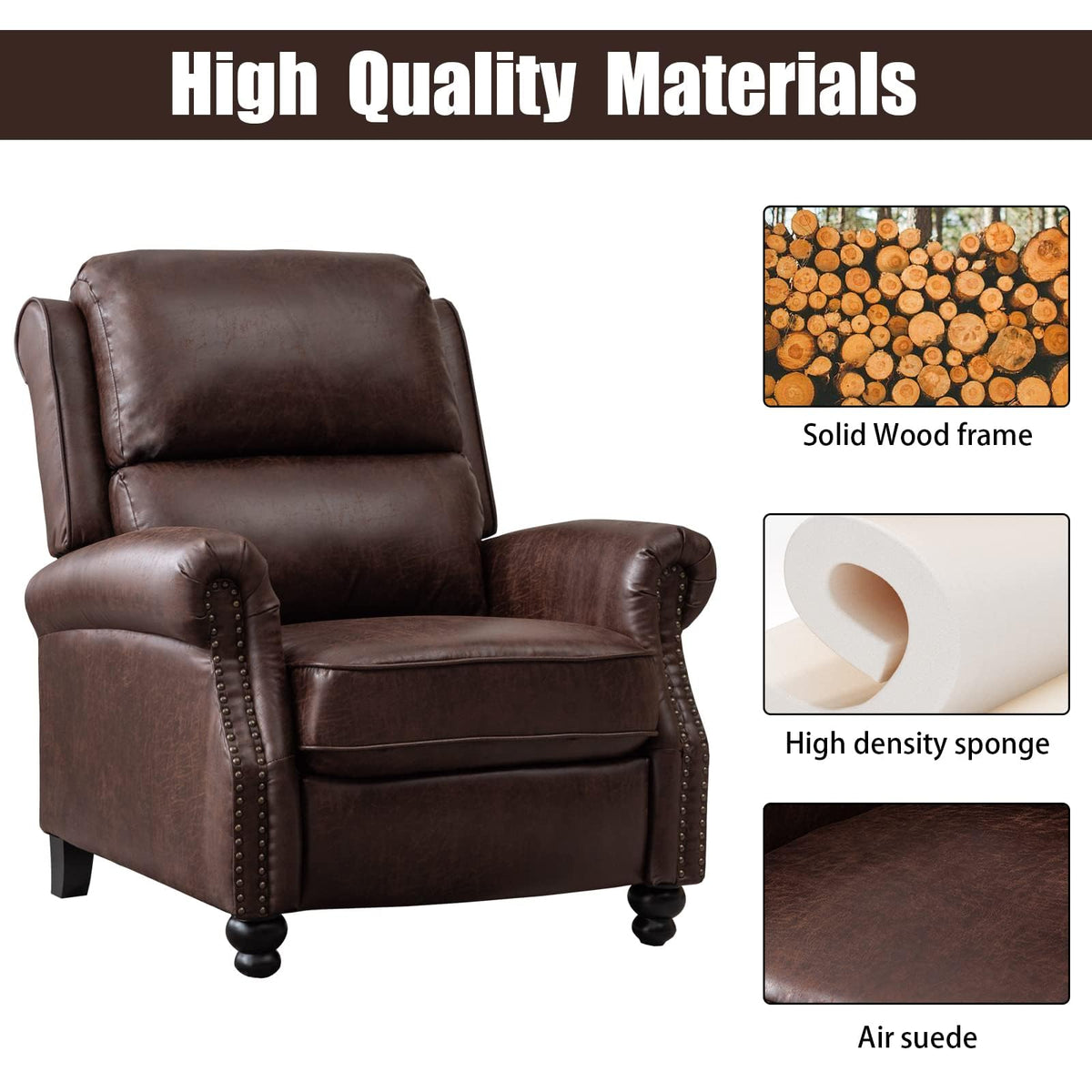 CANMOV Pushback Recliner Chair Faux Leather Armchair Push Back Recliner with Rivet Decoration Single Sofa Accent Chair for Living Room, Chocolate