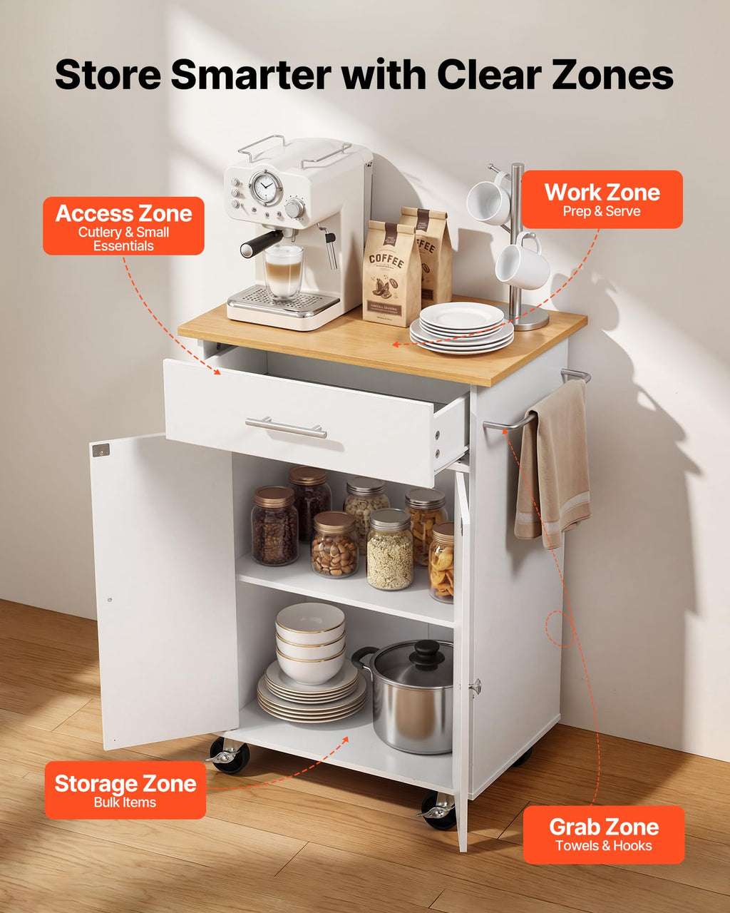 VEVOR Kitchen Island Cart with Storage, 42.28 in Wide Mobile Rolling Storage Island on Swivel Wheels, with Drawer, Storage Cabinet, Drop Leaf, Spice Rack, Table for Home Dining Room, White